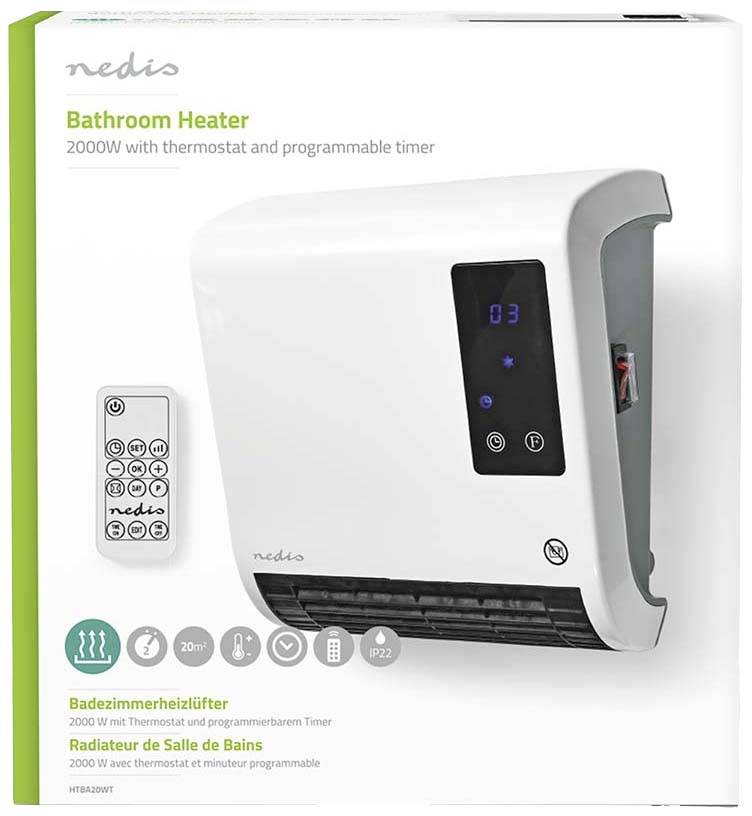 Wandheizgerät mit Fernbedienung, Display zeigt Temperatur und Modi. Geeignet für Räume bis 20 m², mit programmierbarem Timer.