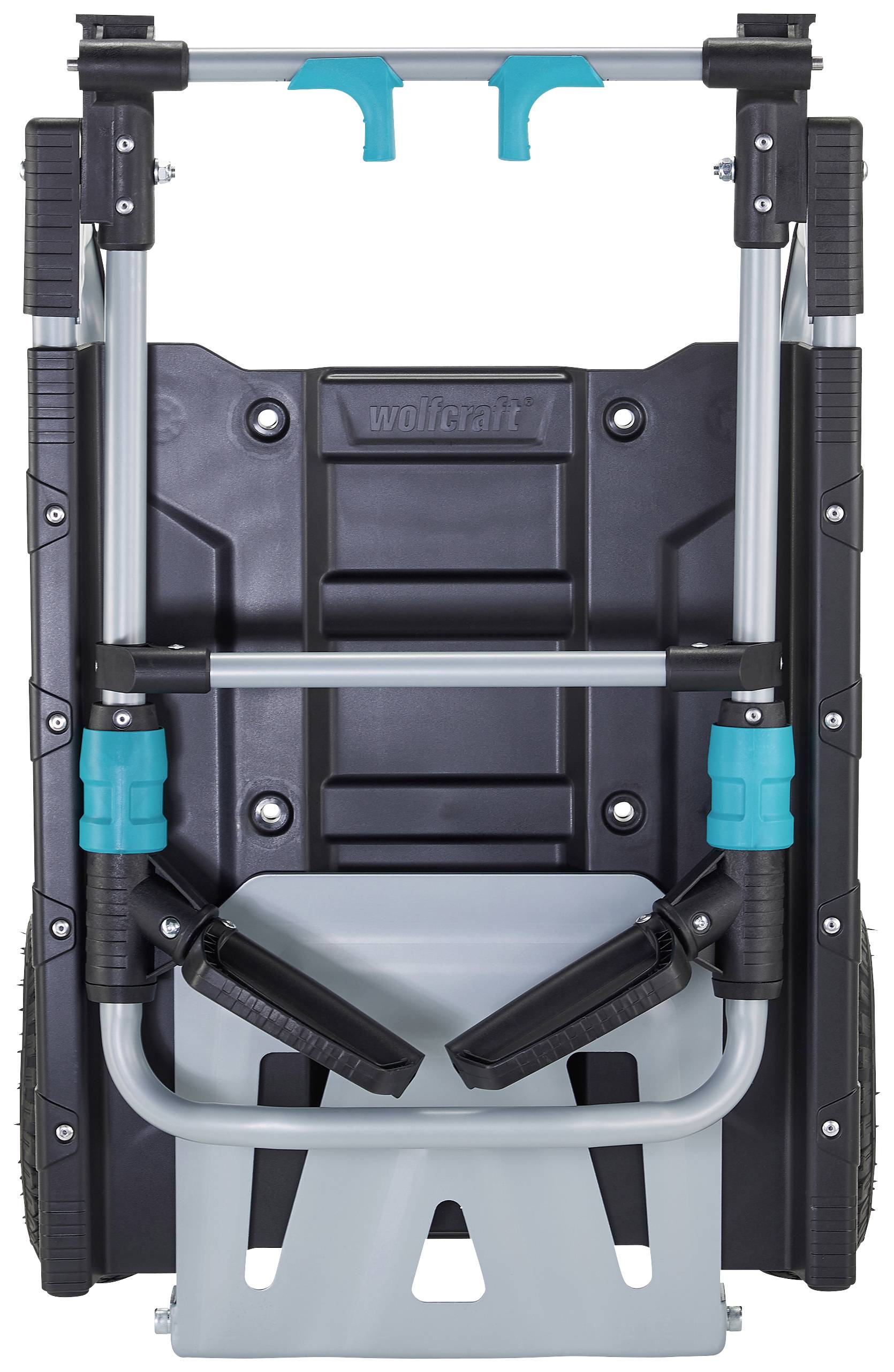 Transportwagen in zusammengeklapptem Zustand, mit stabilen Griffen und robusten Rädern, geeignet für den Transport schwerer Gegenstände.