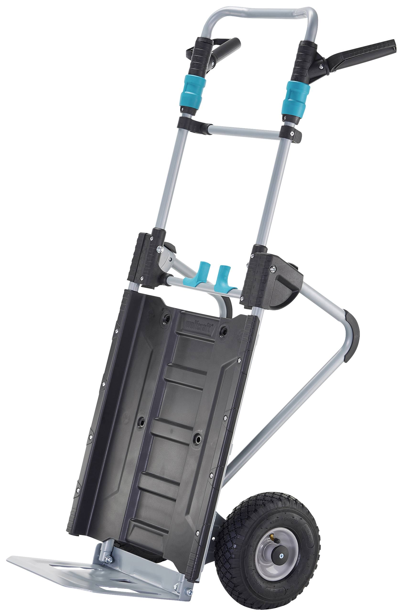 Transportwagen mit zwei Rädern, klappbarer Ladefläche und Griffen, geeignet zum Bewegen schwerer Gegenstände.