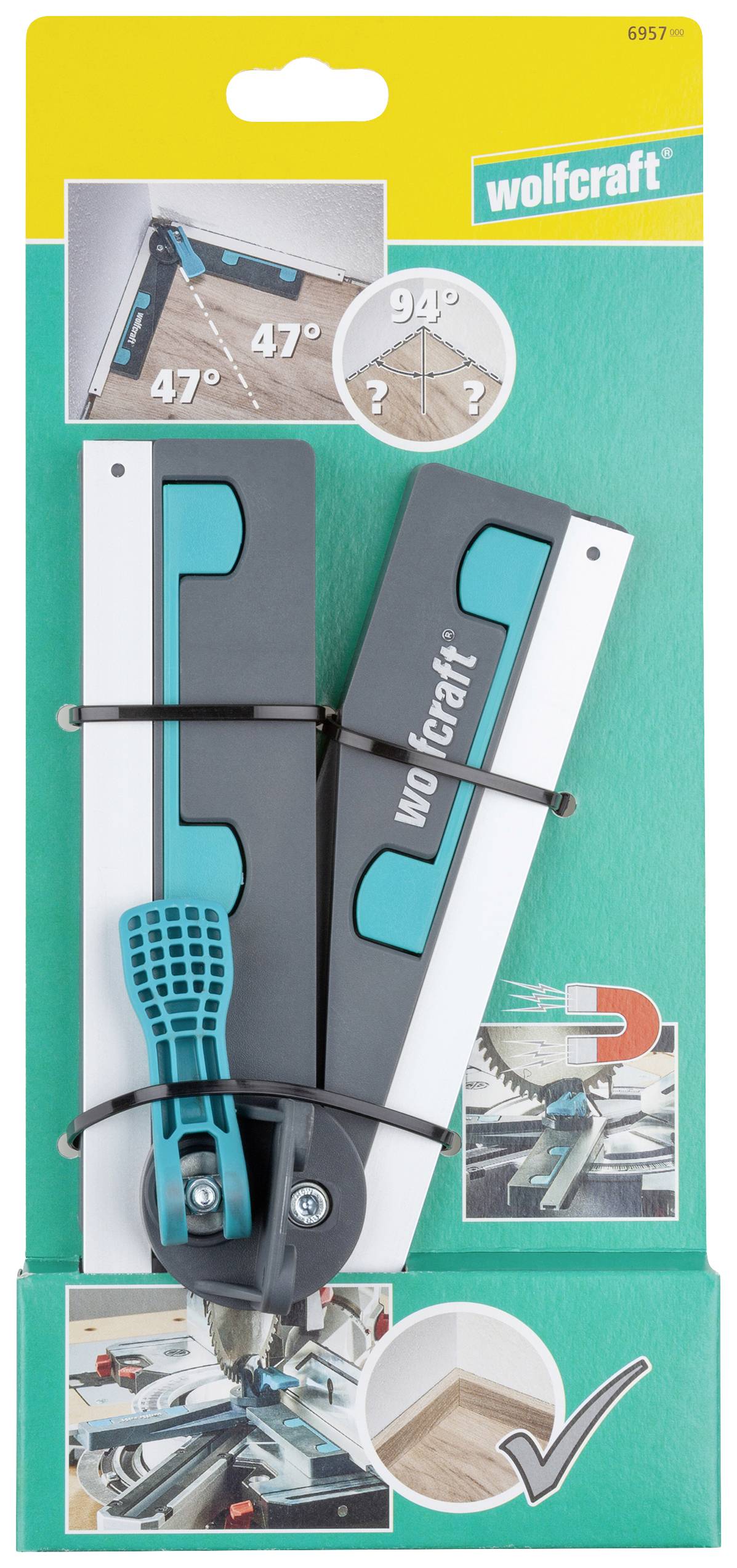 Winkelmessgerät von Wolfcraft, zeigt Winkelvermessung mit 47° und 94°. Illustrationen verdeutlichen Anwendung beim Holzzuschnitt.