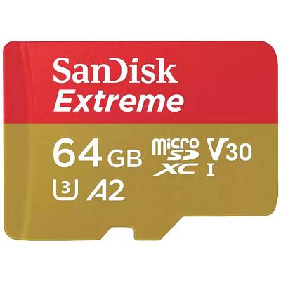 rote und goldene Speicherkarte 'SanDisk Extreme' mit 64 GB, unterstützt microSD XC, V30, U3, A2 Standards, geeignet für schnelle Datenübertragung