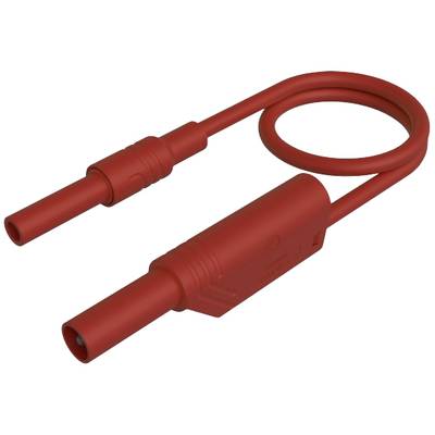 Rotes Prüfleitungskabel mit zwei Steckern und einer Schlaufe in der Mitte, verwendet für elektrische Messungen oder Verbindungen.