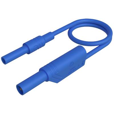 Blaues elektrisches Kabel mit zwei Steckverbindungen, eine gerade, die andere zu einer Schlaufe gebogen. Geeignet für elektronische Verbindungen.