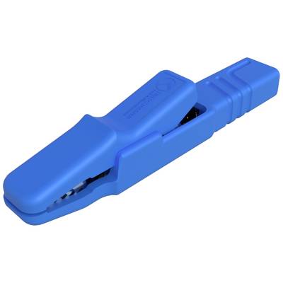 Ein blauer Krokodilklemmenadapter aus Kunststoff, der zum Anschließen von Messgeräten an stromführende Komponenten verwendet wird.
