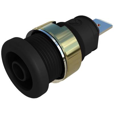 Schwarzer und goldener elektrischer Knopf mit Metallgehäuse und blauer Anschlusslasche, möglicherweise für industrielle Anwendungen.