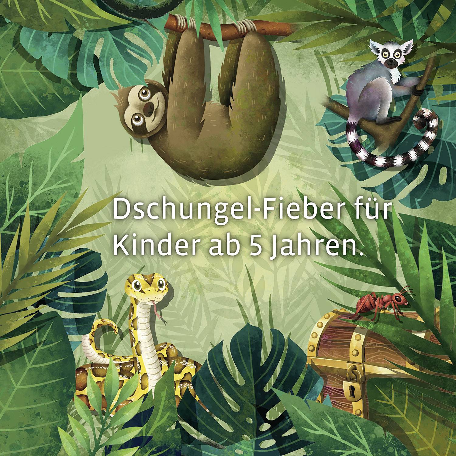 Das Bild zeigt ein Faultier, einen Lemur, eine Schlange und eine Ameise im Dschungel. Text: 'Dschungel-Fieber für Kinder ab 5 Jahren.'