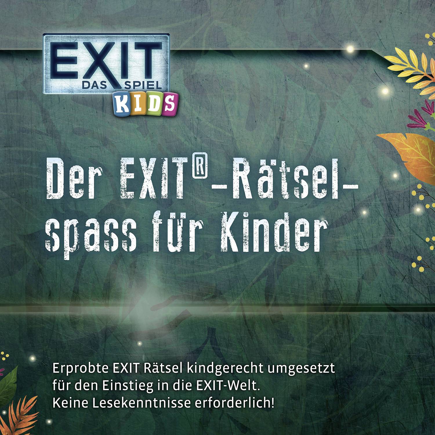 'EXIT Das Spiel KIDS' Titel auf grünem Hintergrund. Text: 'Der EXIT-Rätselspaß für Kinder. Erprobte EXIT Kindgerecht umgesetzt für den Einstieg in die EXIT-Welt.'