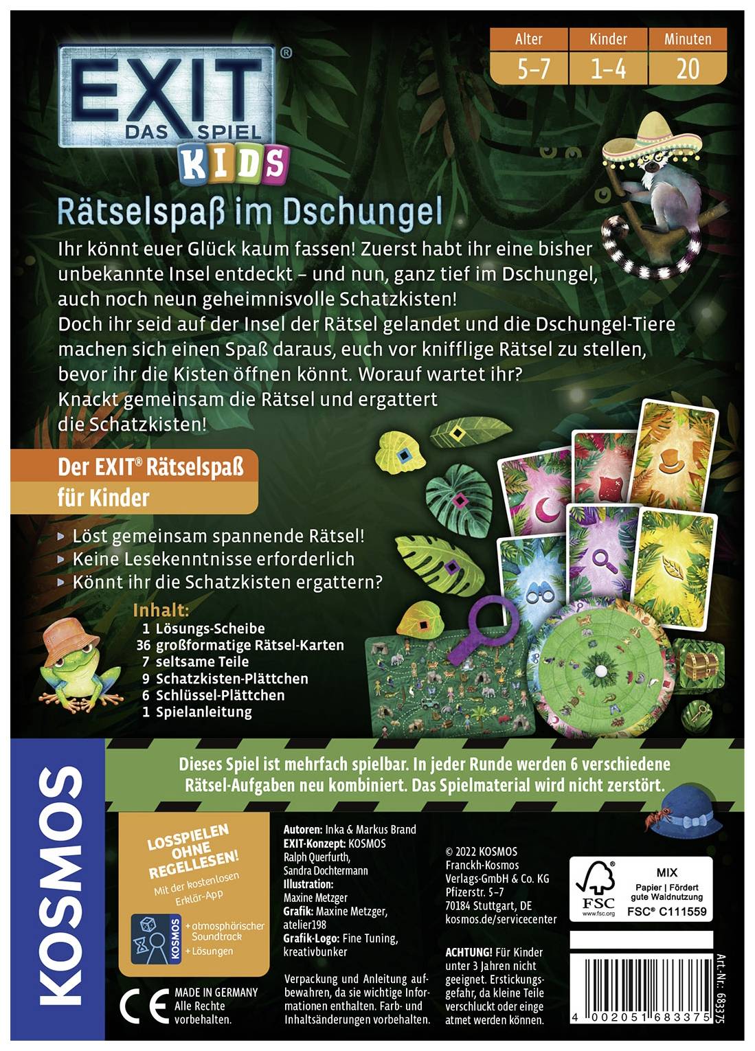 Brettspiel 'EXIT Kids' mit Dschungel-Thema. Enthält Rätsel und Karten für Kinder im Alter von 5-7 Jahren. Fördert Logik und Teamarbeit.