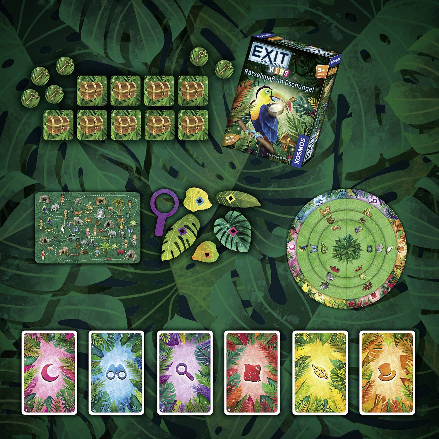 Brettspiel 'EXIT: Rätselspaß im Dschungel' mit Dschungel-Thema. Enthält Karten, Spielbrett, Spielfiguren, Lupe und Puzzleteile.