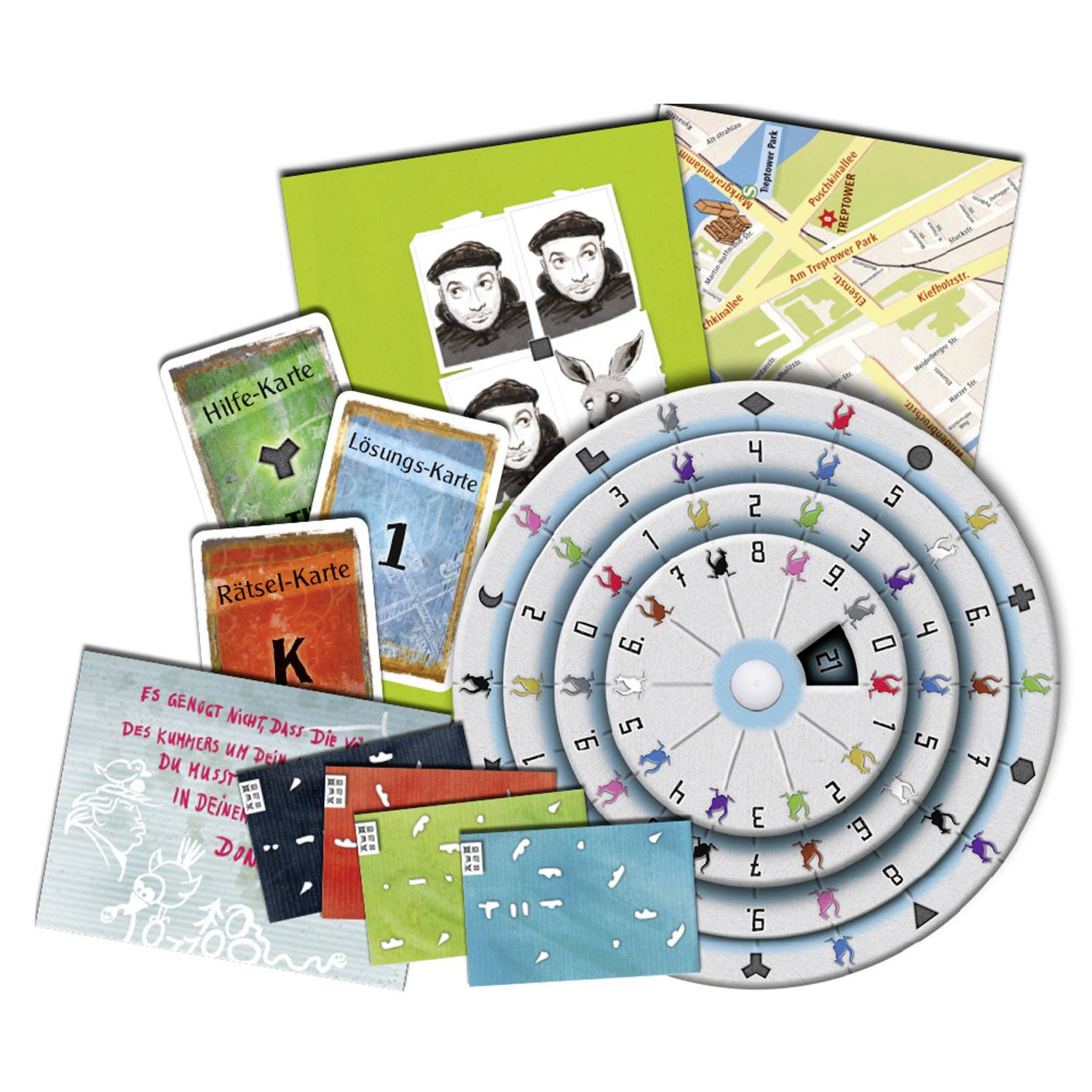 Ein Tischspiel mit Karten, Spielbrett mit Zahlen und bunten Tieren. Zusätzliche Karten mit "Lösungen" und "Rätsel" sind enthalten.