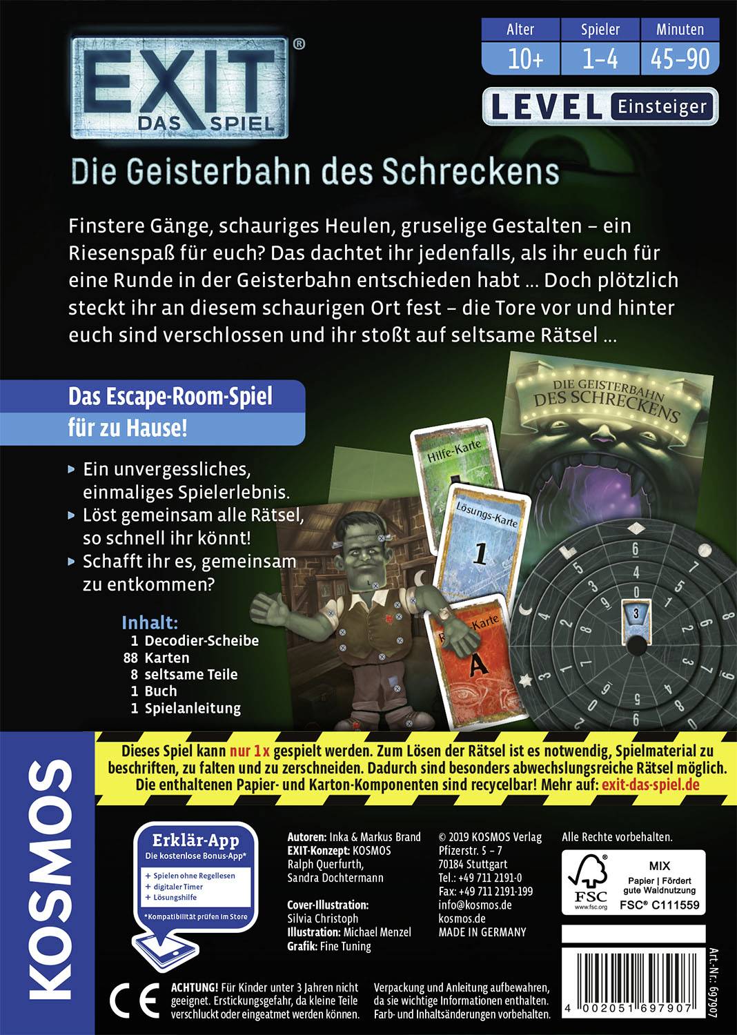 'Exit: Das Spiel – Die Geisterbahn des Schreckens' ist ein Escape-Room-Spiel für 1-4 Spieler ab 10 Jahren. Spieler müssen Rätsel lösen, um aus einer Geisterbahn zu entkommen.
