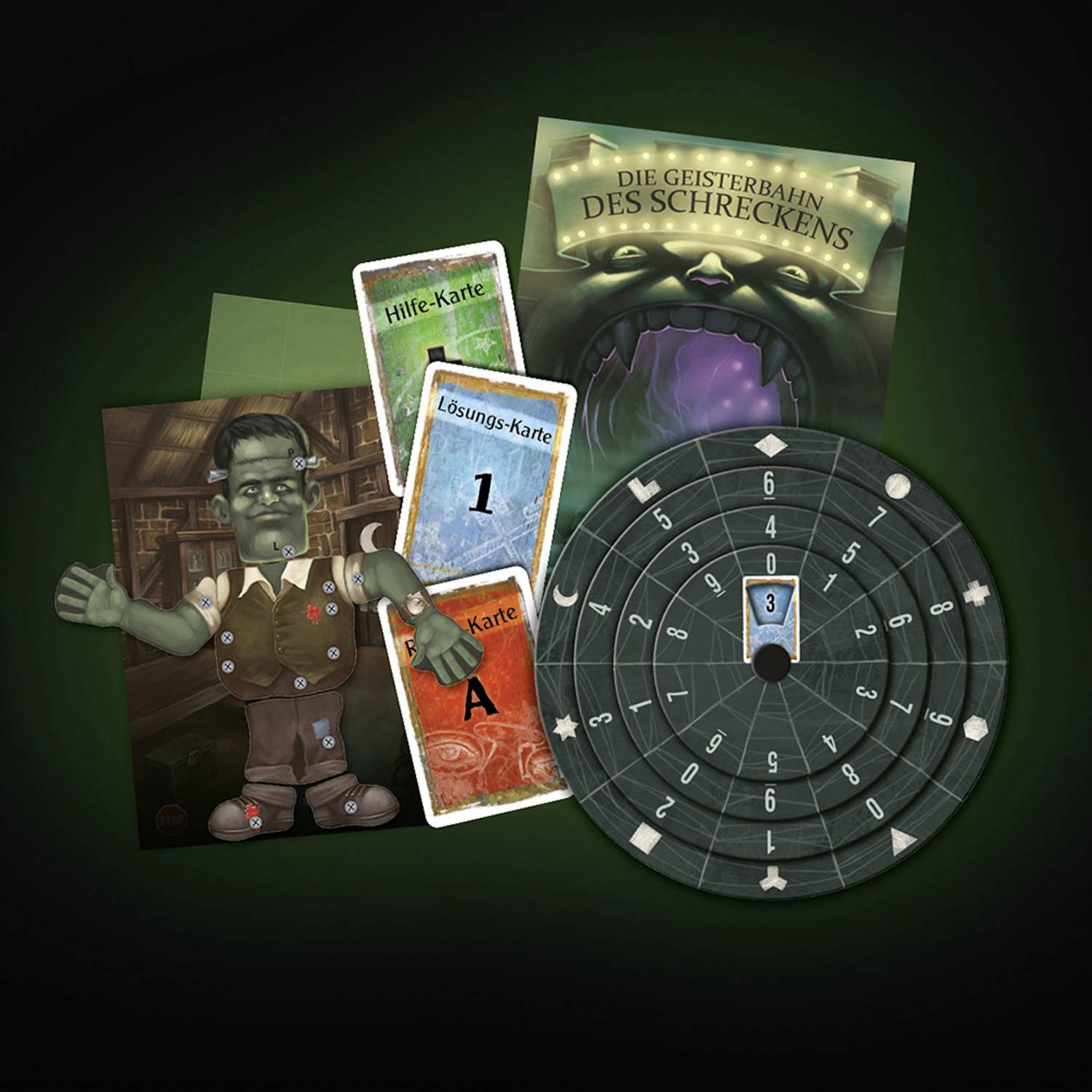 Ein Brettspiel mit dem Titel 'Die Geisterbahn des Schreckens', zeigt Karten und ein kreisförmiges Spielbrett mit Zahlen und Pfeilen.