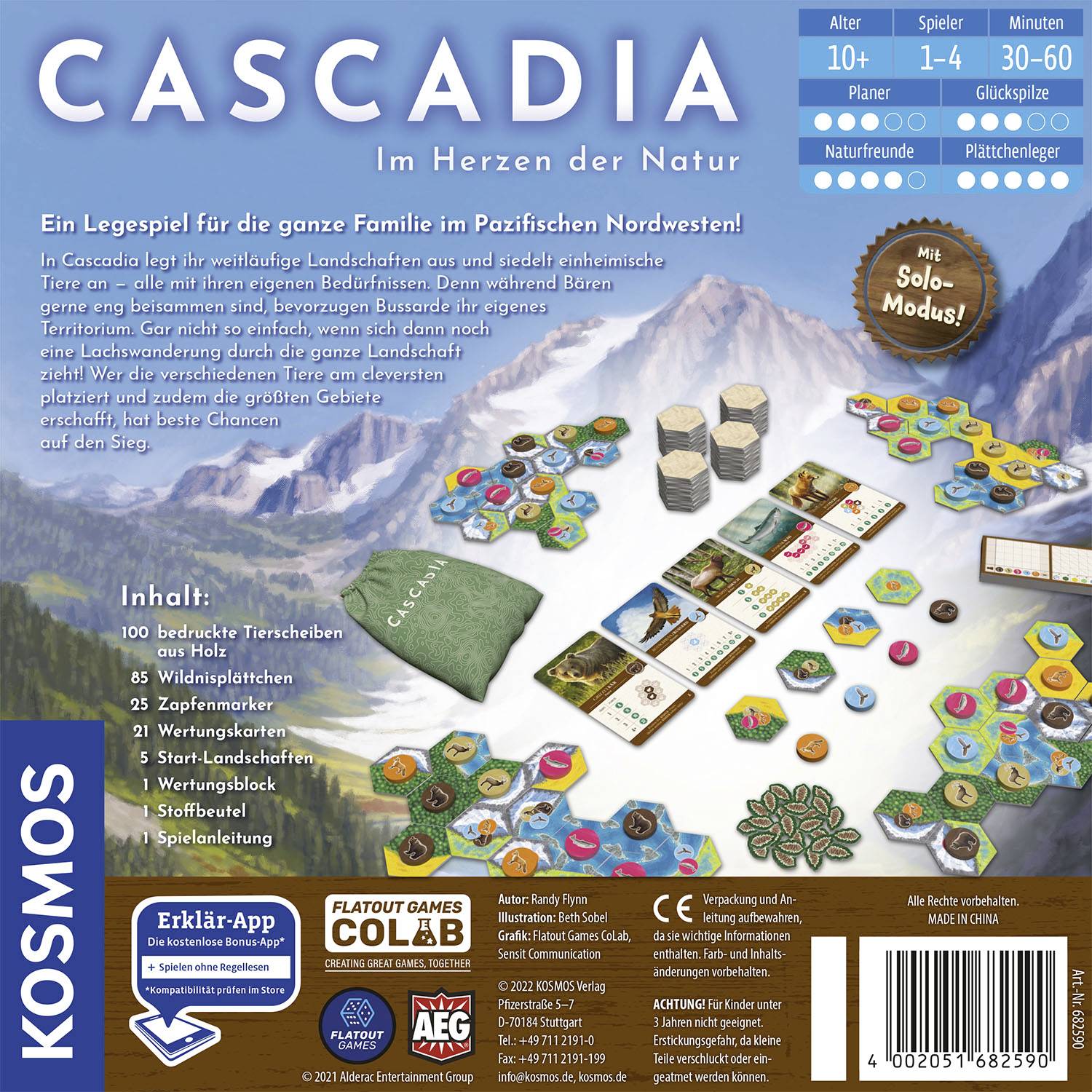 Das Bild zeigt die Verpackungsrückseite des Brettspiels 'Cascadia'. Enthält Spielinfo, Spieleranzahl, Dauer und Altersempfehlung (10+).
