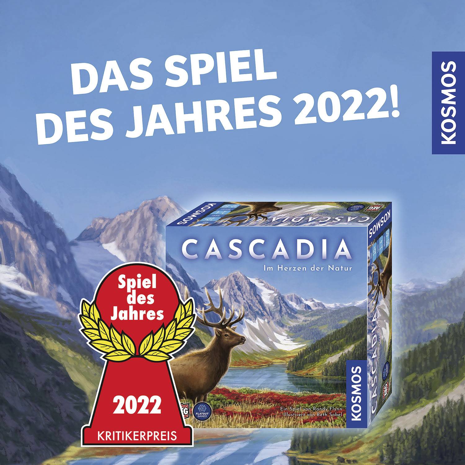 'Spiel des Jahres 2022' abgebildet. Brettspiel 'Cascadia' vor einer malerischen Landschaft mit Bergen.