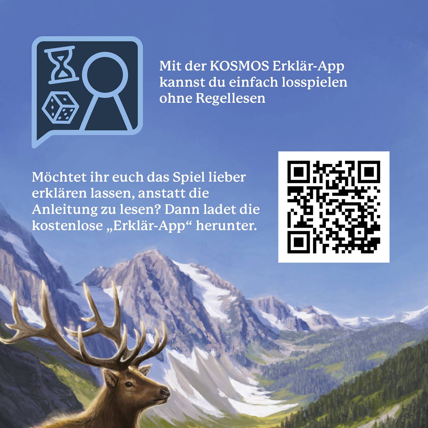 Karten mit QR-Code und Symbolen, die auf die KOSMOS Erklär-App hinweisen. Unter einem Hirsch und Berglandschaft.