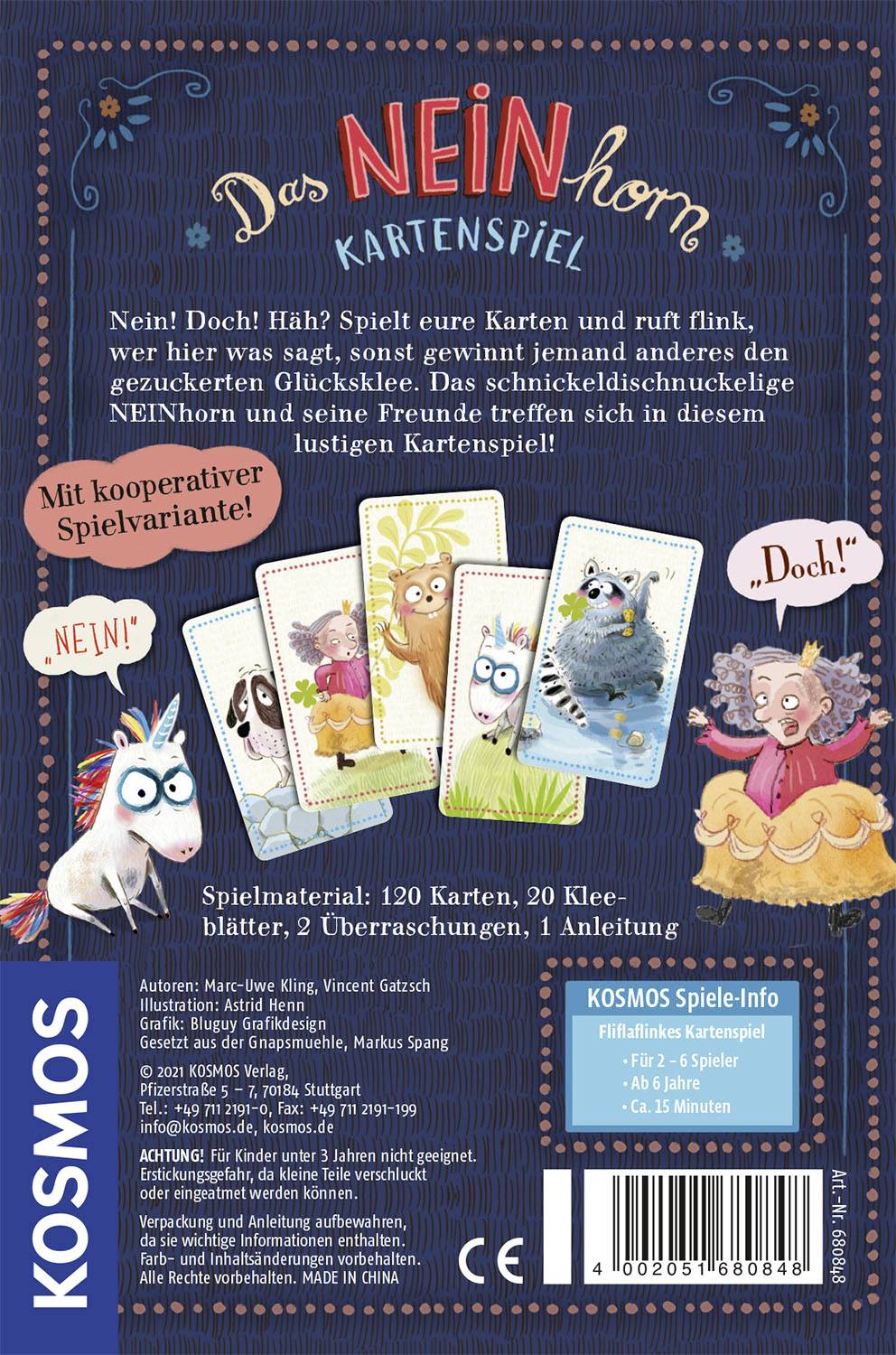 'Das NEINhorn Kartenspiel' Boxrückseite. Enthält Spielbeschreibung, kooperative Spielvarianten, Illustration von Karten und Spieleinfos.