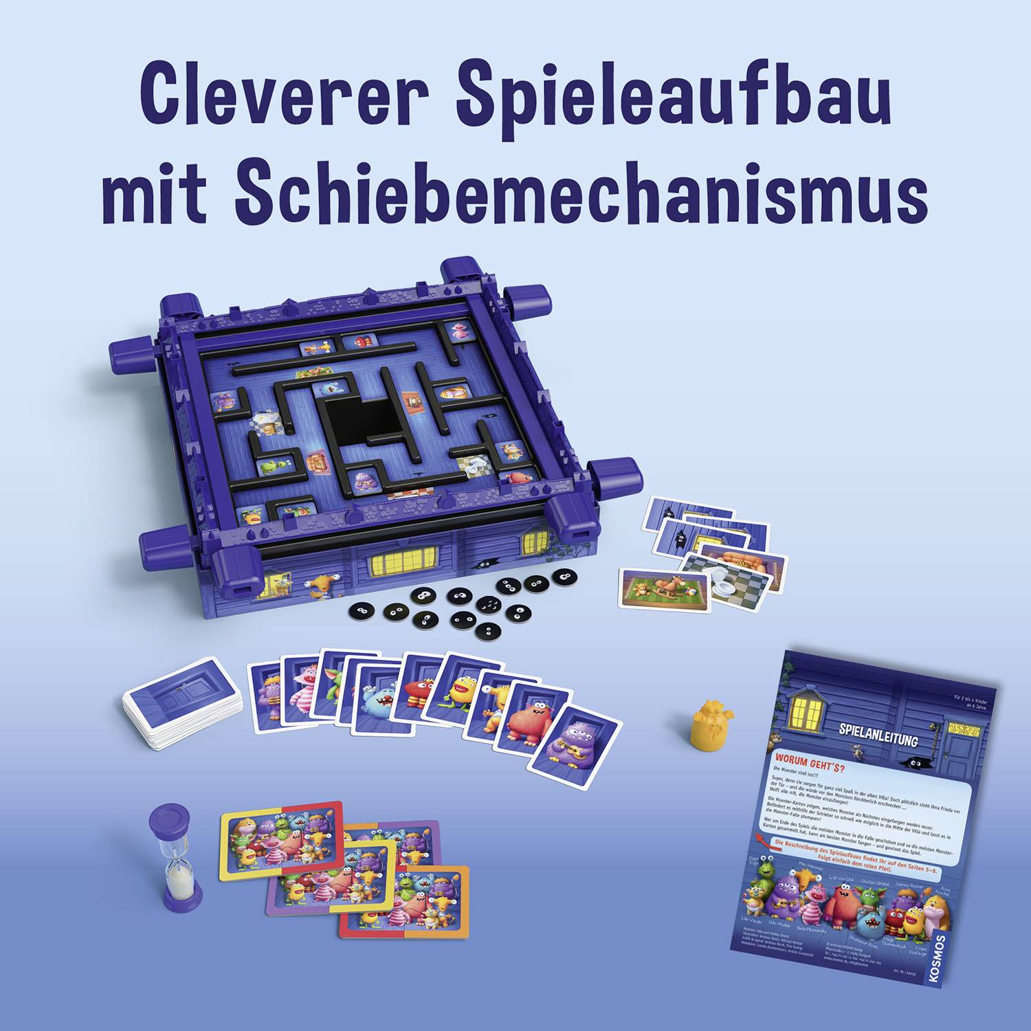 'Cleverer Spieleaufbau mit Schiebemechanismus' - Brettspiel mit Karten, Anleitungen und Sanduhr, zeigt Labyrinth-Thema und Zubehör.