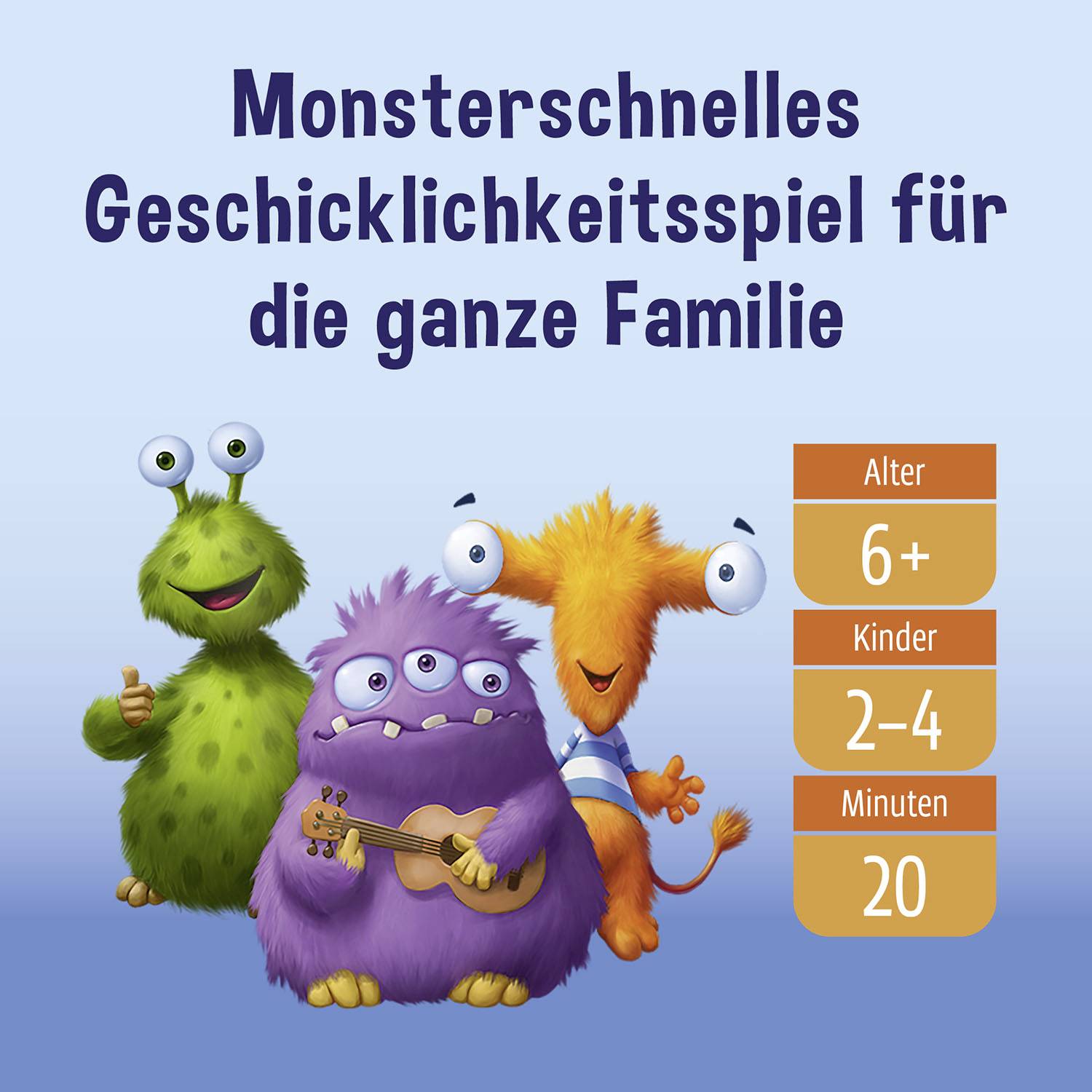 Drei bunte Monster mit Text: 'Monsterschnelles Geschicklichkeitsspiel für die ganze Familie'. Altersangaben und Spieldauer.