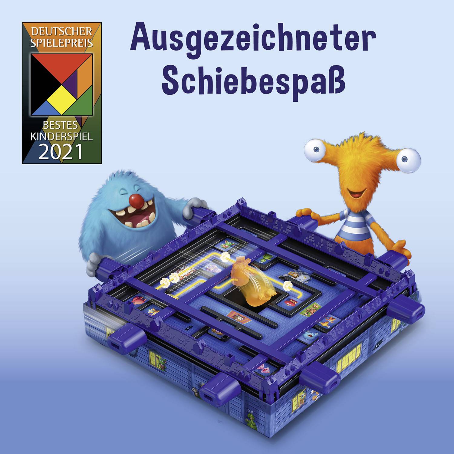 Zwei Monsterfiguren spielen an einem bunten, labyrinthischen Brettspiel. Oben steht 'Ausgezeichneter Schiebespaß'. Spielpreis 2021.