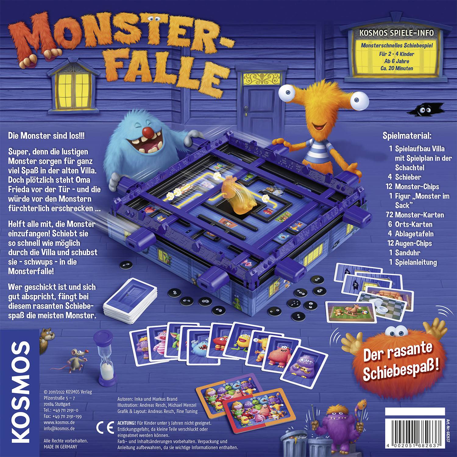 Brettspiel 'Monsterfalle' von Kosmos. Zwei Monsterfiguren, Spielplan, Karten und Zubehör vor lila Hintergrund. Ziel: Monster fangen.