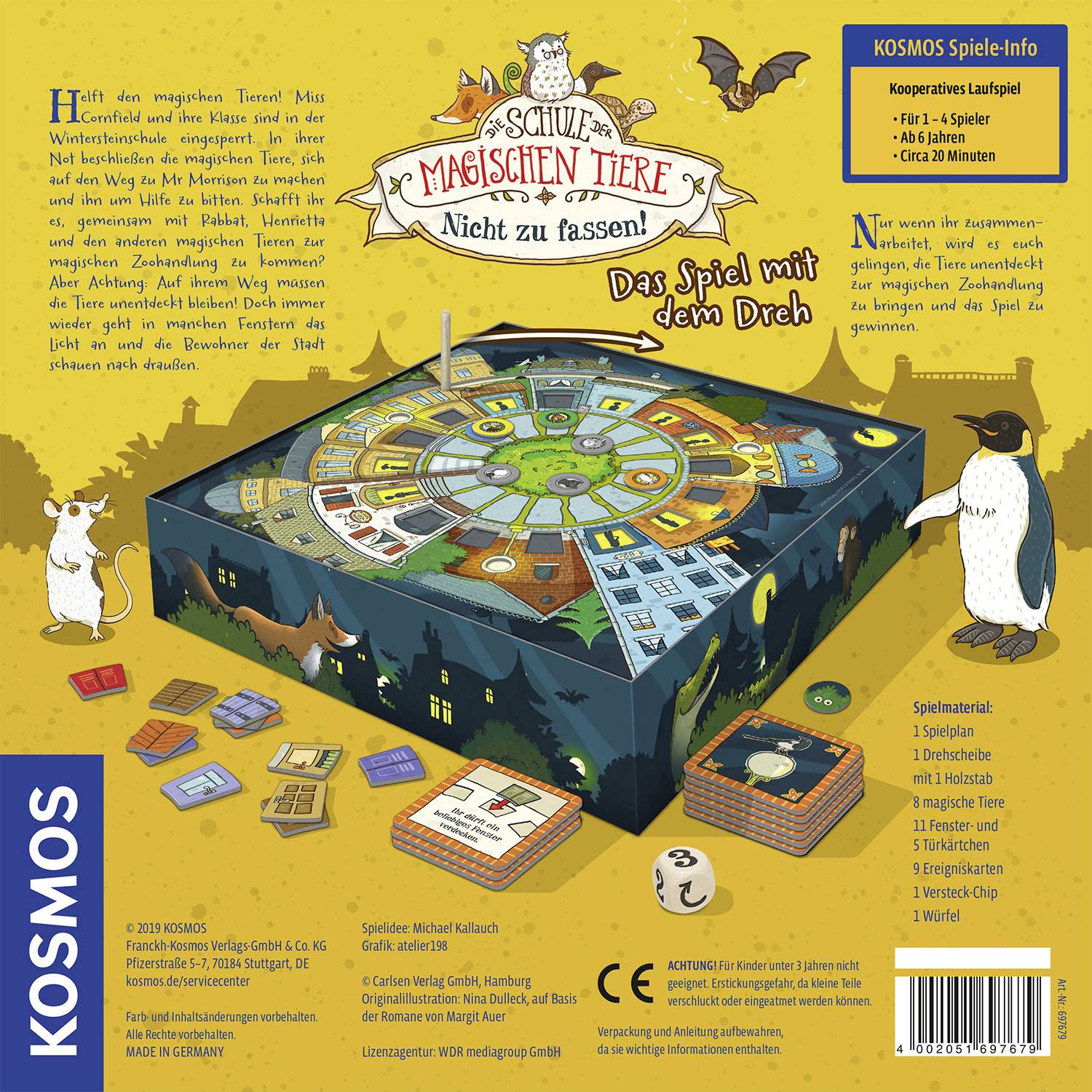 Spielbrett 'Nicht zu fassen!' zeigt ein rundes Spielfeld mit Tiermotiven. Spielzubehör abgebildet. Empfohlen ab 6 Jahren, für 2-4 Spieler.