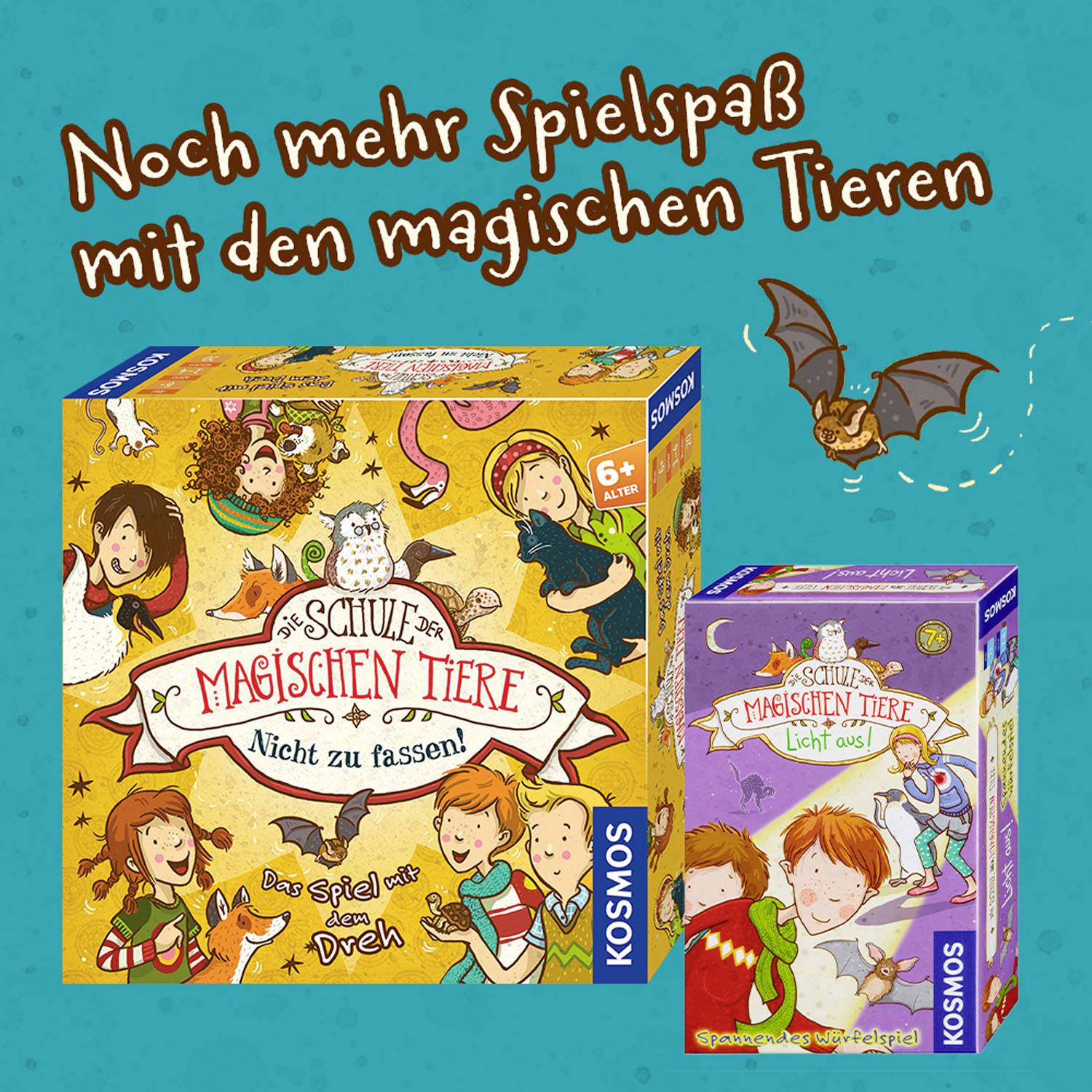 Brettspiele 'Die Schule der magischen Tiere: Nicht zu fassen!' und 'Licht aus!' mit comicartigen Tier- und Kinderfiguren.