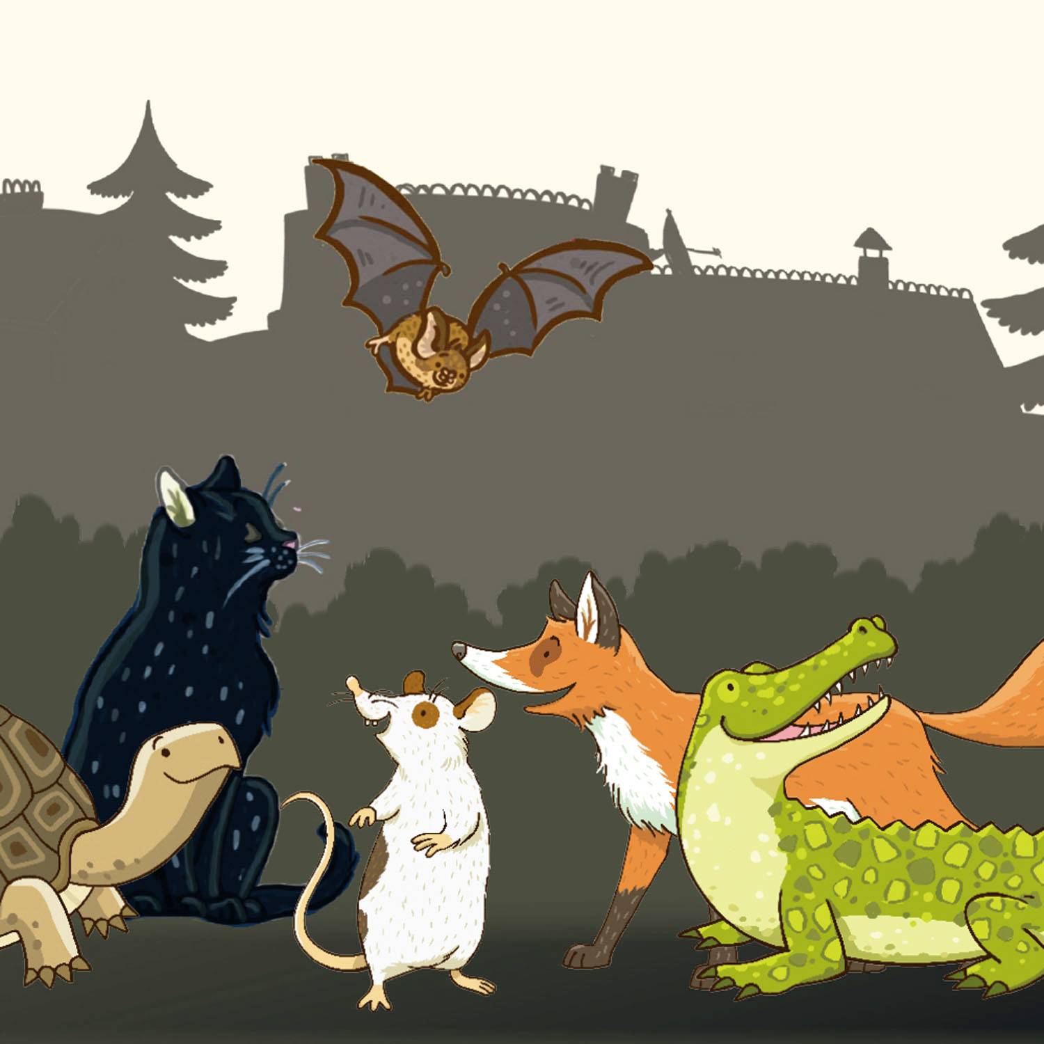 Mehrere Tiere, darunter eine Schildkröte, Fledermaus, Katze, Ratte, Fuchs, Dino und Krokodil in einer stilisierten Landschaft.