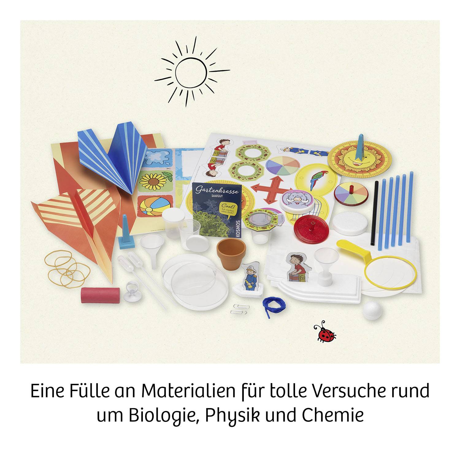 Ein Set von Experimentiermaterialien für Biologie, Physik und Chemie mit bunten Instrumenten, Gefäßen und Anleitungen.
