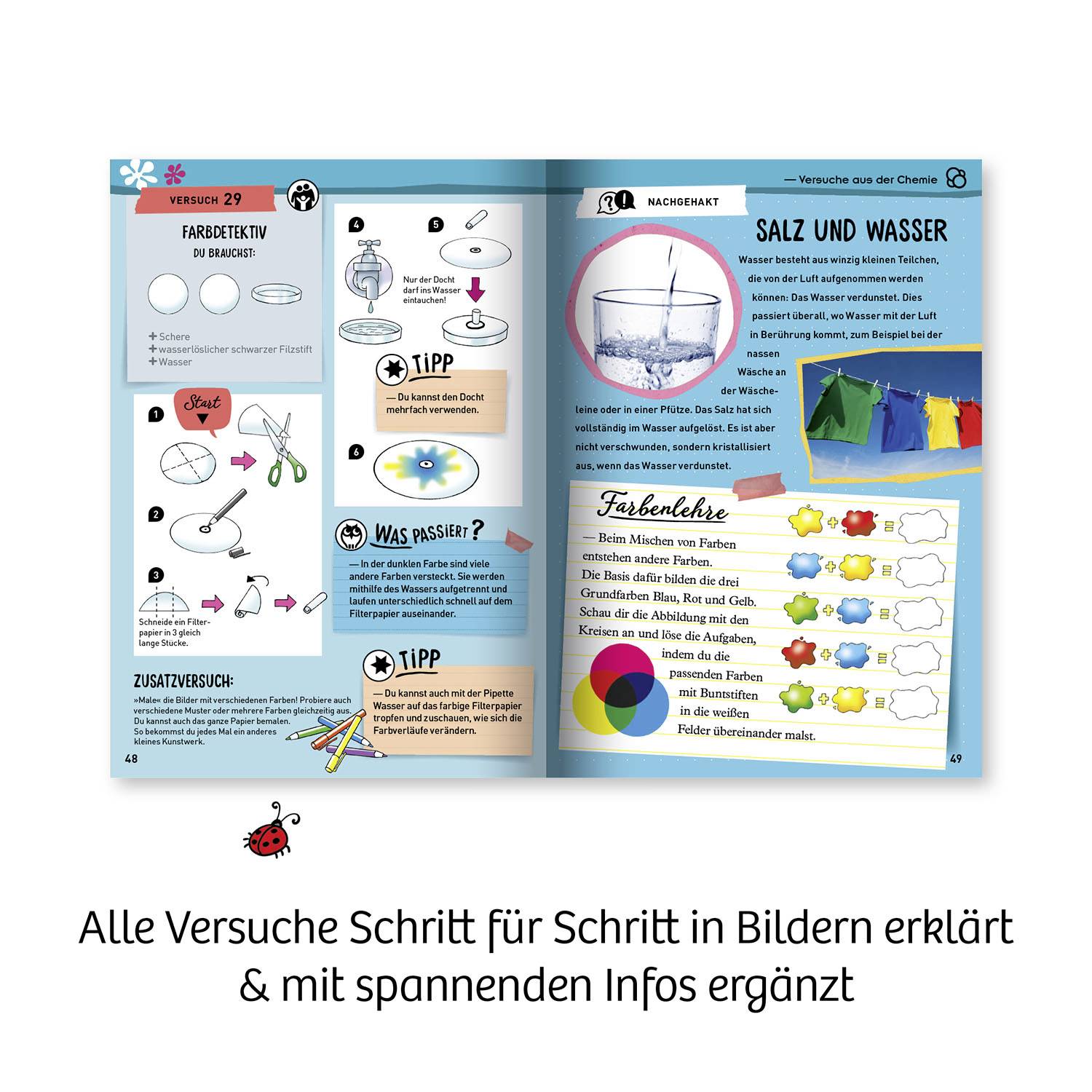 Doppelseite eines Chemiebuchs zeigt Schritt-für-Schritt-Anleitungen zu Experimenten mit Salz und Wasser; enthält Tipps und Zusatzversuche.