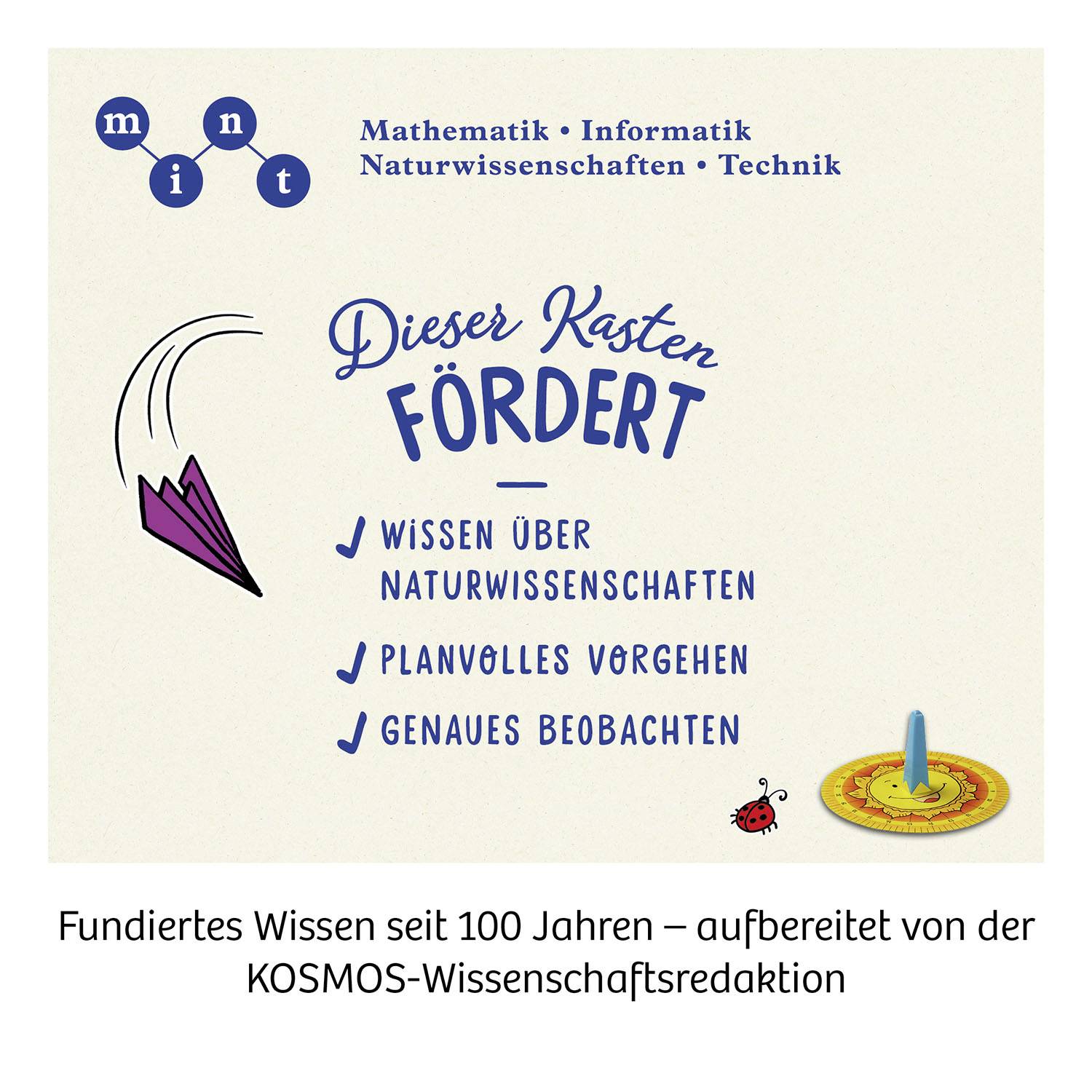 Dieser Kasten fördert: 'Wissen über Naturwissenschaften', 'Planvolles Vorgehen', 'Genaues Beobachten'. Fundiertes Wissen seit 100 Jahren.