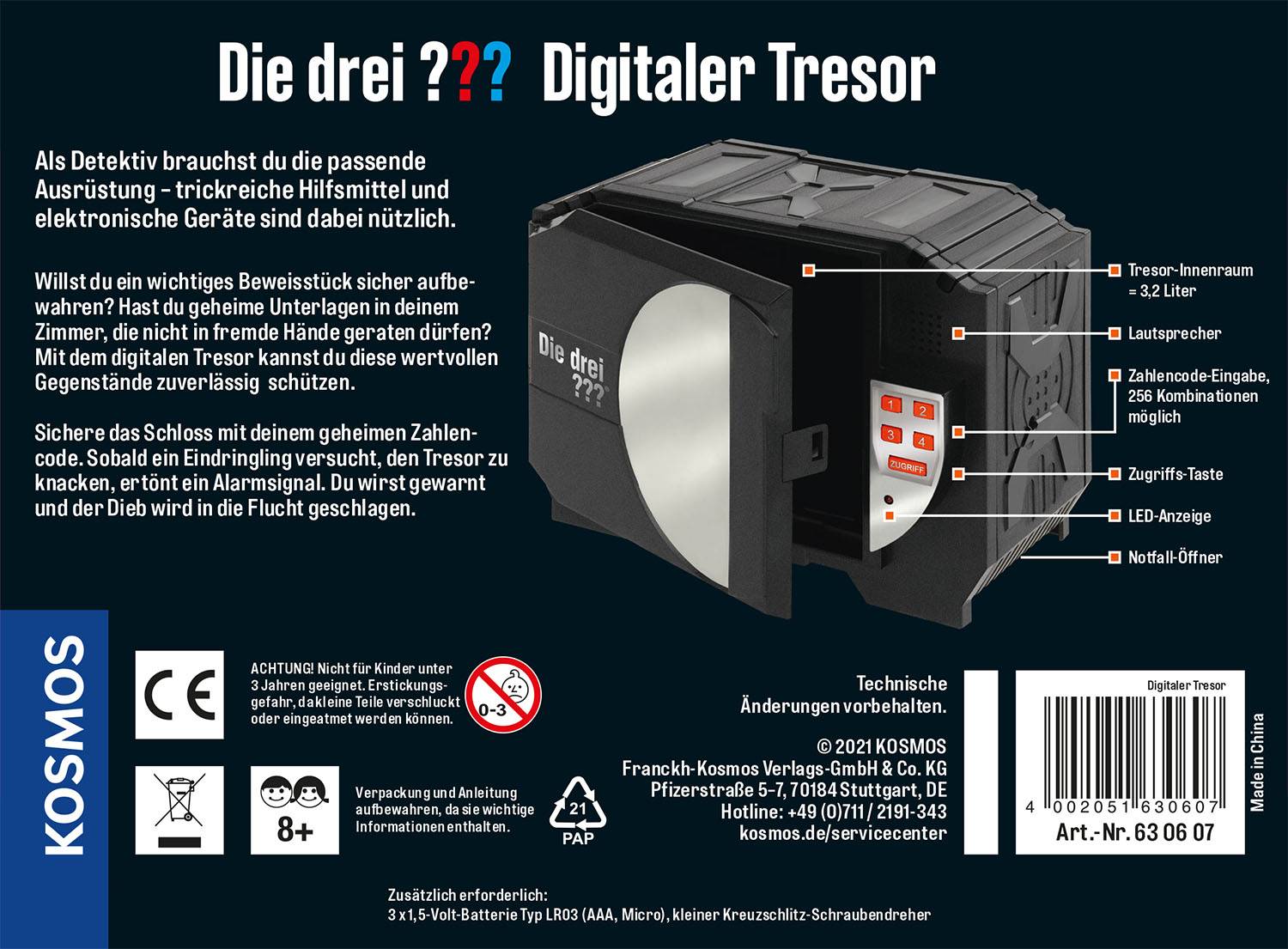 Der digitale Tresor 'Die drei ???' mit Tastenfeld und LED-Anzeige. Text hebt Detektivspiel und geheime Aufbewahrung hervor.