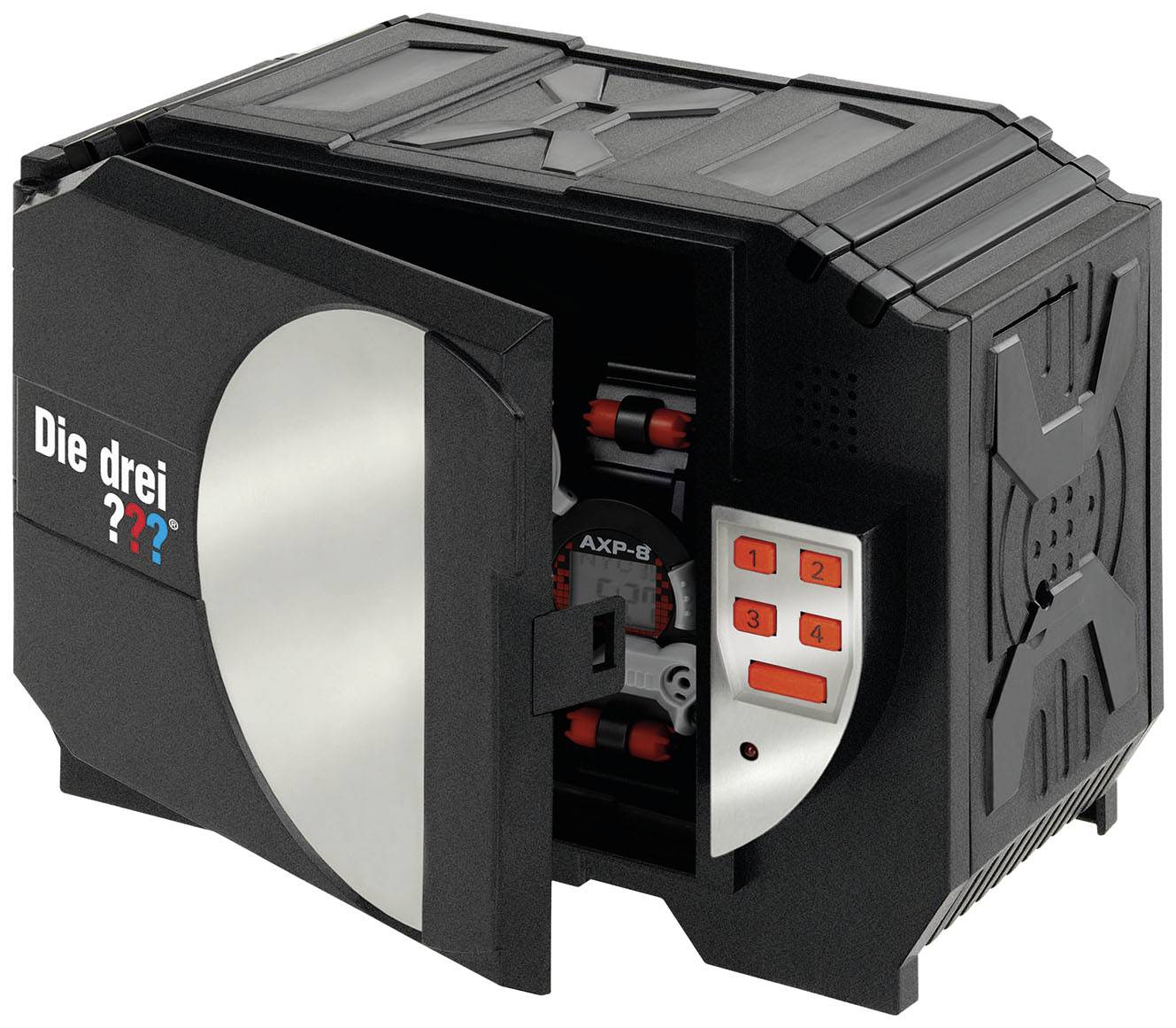 Ein schwarzer Safe mit Zahlentasten und der Aufschrift 'Die drei ???' auf der linken Seite. Der Safe ist leicht geöffnet und zeigt ein Innenfach.