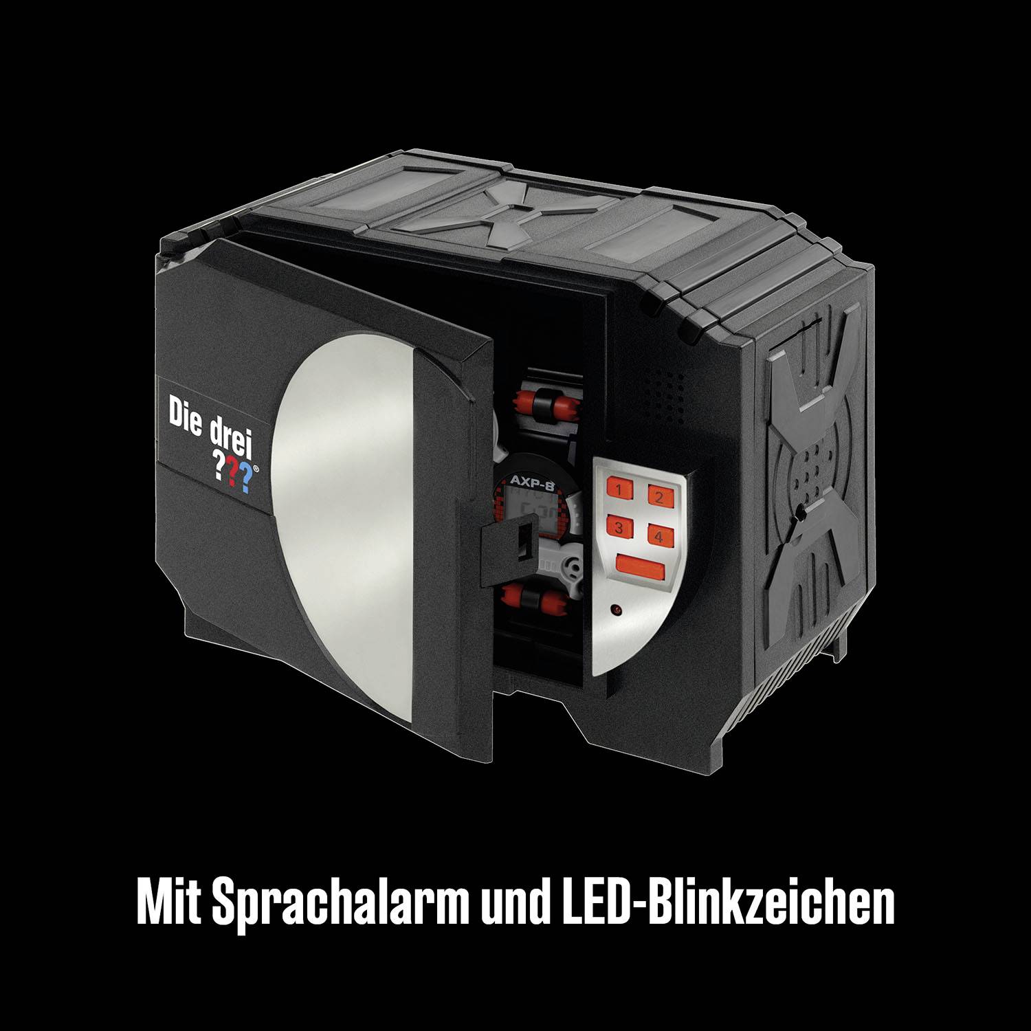 Ein schwarzer Tresor mit geöffneter Tür zeigt den Innenraum. Text auf der Vorderseite: 'Die drei ???'. Unten steht: 'Mit Sprachnachricht und LED-Blinkzeichen'.