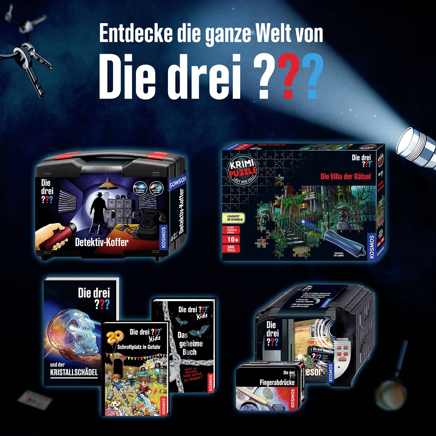 'Die drei ???' Produkte auf dunklem Hintergrund: Detektiv-Koffer, Krimi-Puzzle, Hörbuch-Boxen und Spiele. Texte: 'Entdecke die ganze Welt von Die drei ???'.