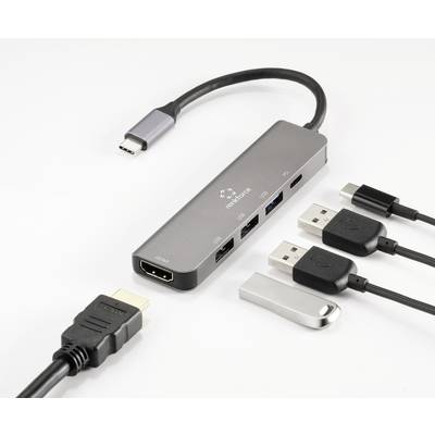 USB-C-Hub mit mehreren Anschlüssen, darunter HDMI, USB-A und USB-C. Vier Kabel sind angeschlossen, die verschiedene Anschlüsse zeigen.