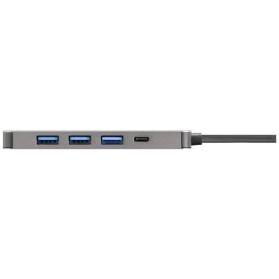 Ein USB-Hub mit zwei USB-A-Ports und einem USB-C-Port. Das Gerät ist silberfarben mit einem schwarzen Kabel, das rechts herausführt.