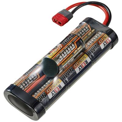 'Akkupack mit mehreren AA-Batterien und einem roten Standardstecker, der für ferngesteuerte Fahrzeuge oder ähnliche Geräte verwendet wird.'