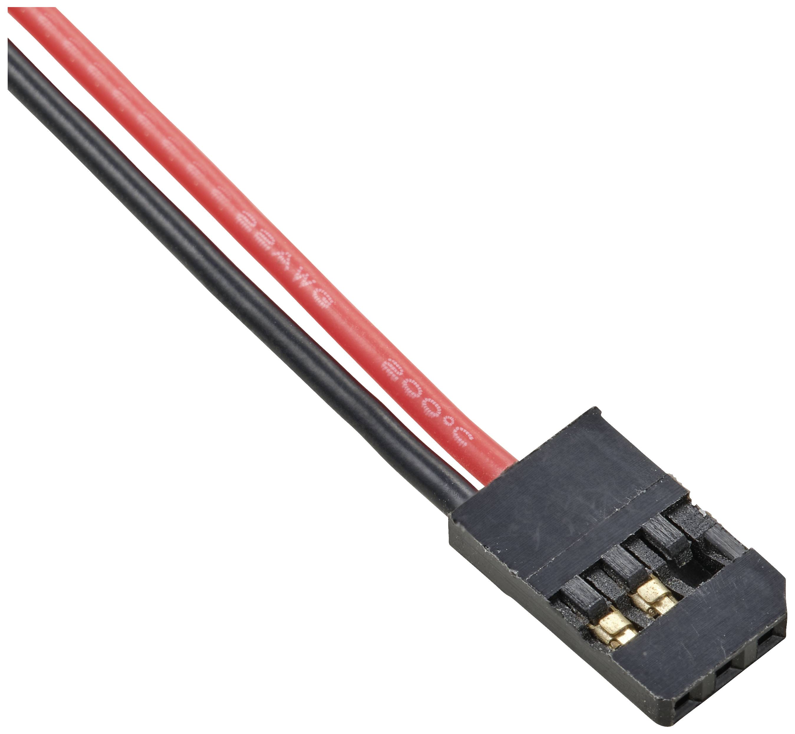 Zweiadriges Kabel mit einem zweipoligen Stecker, rote und schwarze Drähte, geeignet für elektronische Verbindungen.