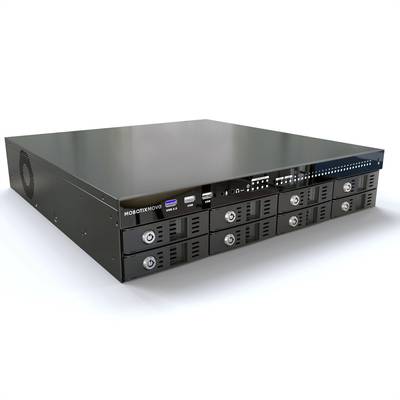 Ein schwarzer Netzwerkspeicher-Server mit acht Frontladeeinschüben, geeignet für die Datenverwaltung in Rechenzentren oder Büros.