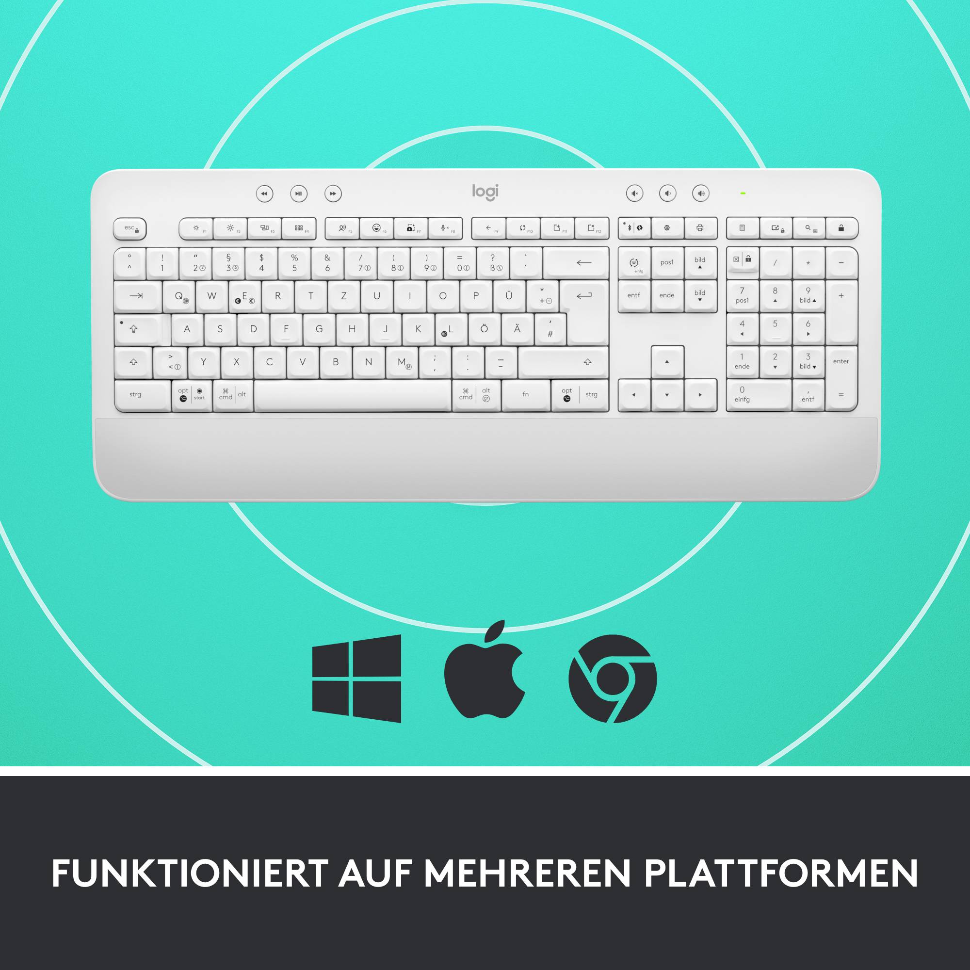 Weiße Tastatur auf grünem Hintergrund, darunter Symbole für Windows, Apple und Chrome. Text: 'Funktioniert auf mehreren Plattformen'.