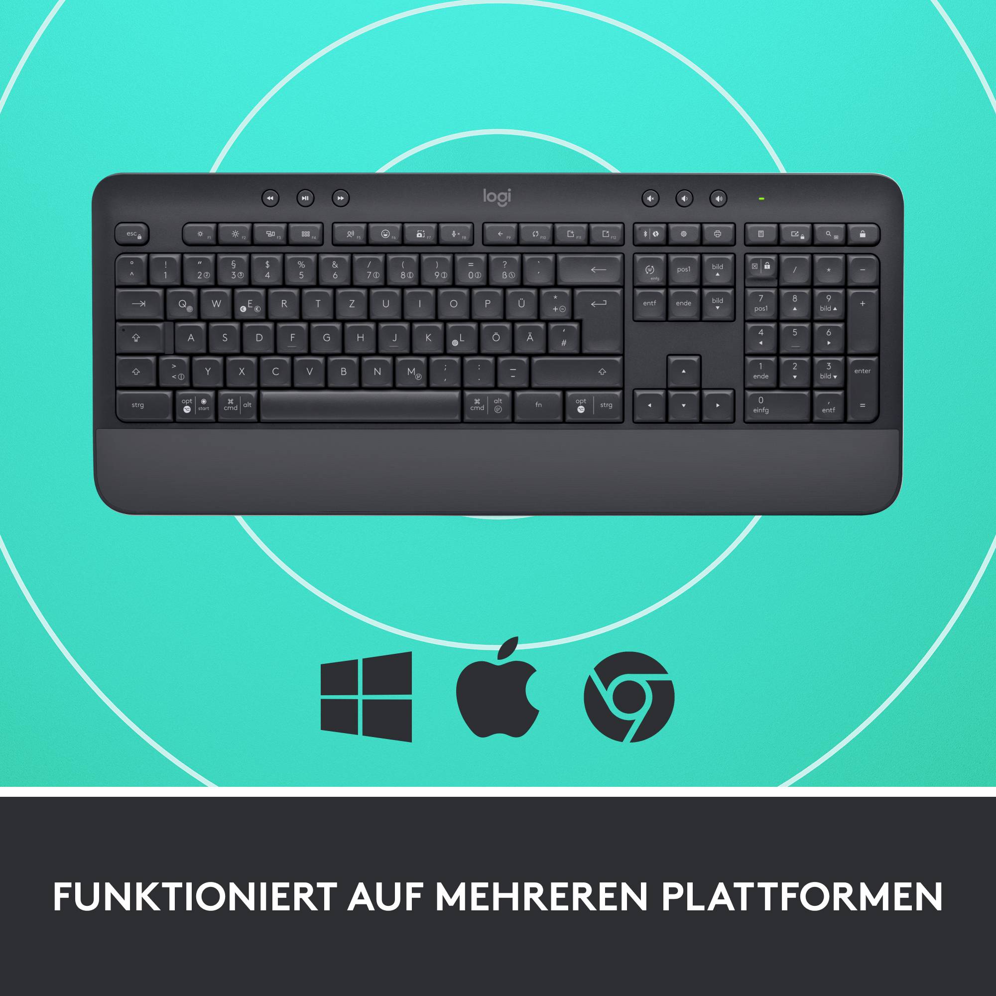 Eine schwarze Tastatur auf einem türkisen Hintergrund mit Logos von Windows, Apple und Chrome, die plattformübergreifende Funktionen anzeigen.