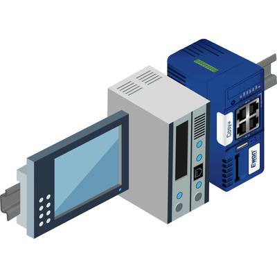 Ein elektrisches Steuerungsgerät mit Display, Schaltflächen und Netzwerkanschlüssen, vermutlich für industrielle Anwendungen.