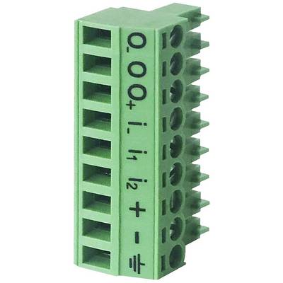 Grüner Steckverbinder mit mehreren Eingängen, seitlich beschriftet mit '0', '+', 'i', 'i.1', 'i.2', '+', '−'.