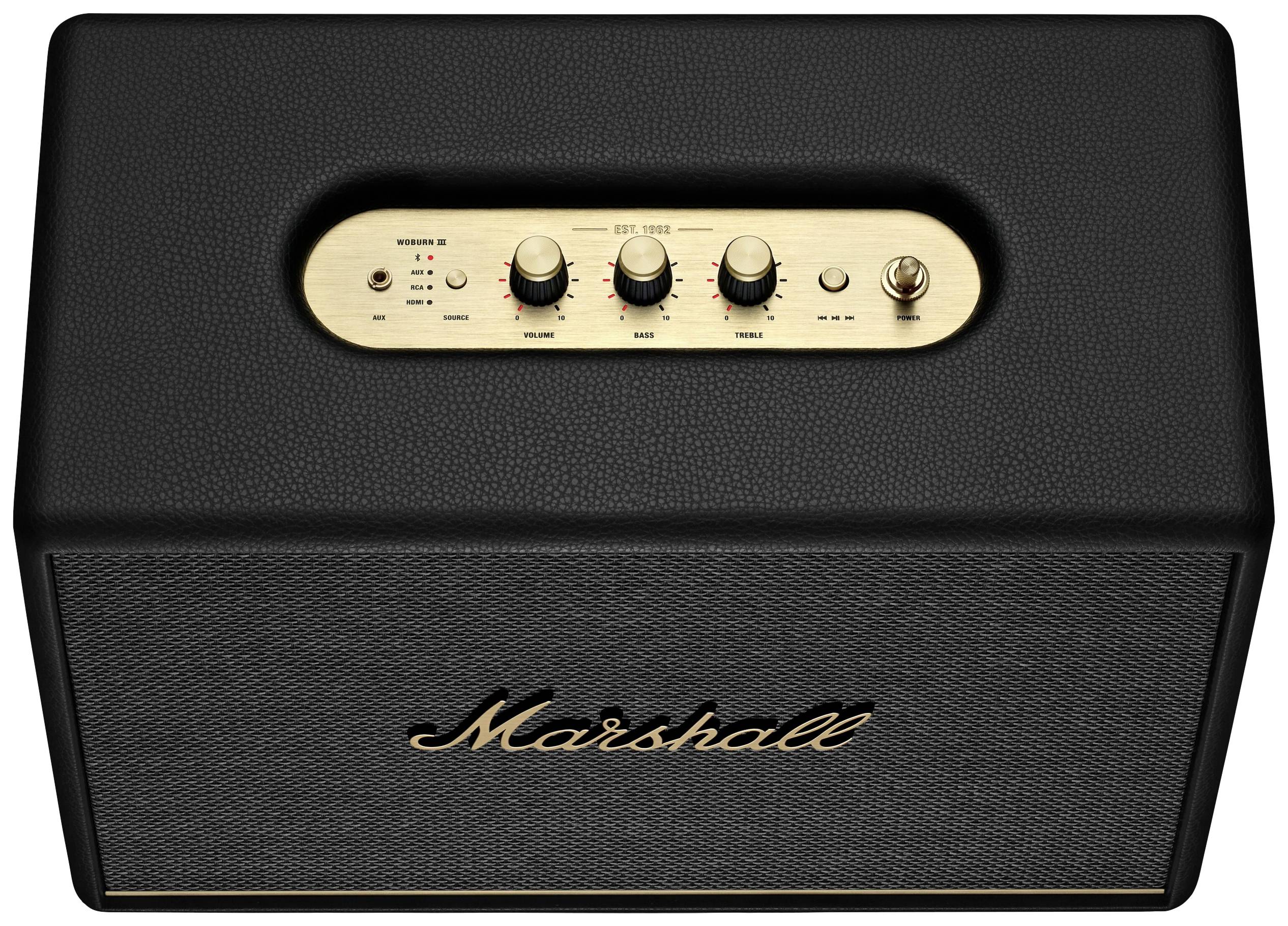 Schwarzer Marshall-Lautsprecher mit goldener Bedienoberfläche. Drei Drehregler für Bass, Treble und Volume, Kippschalter links.