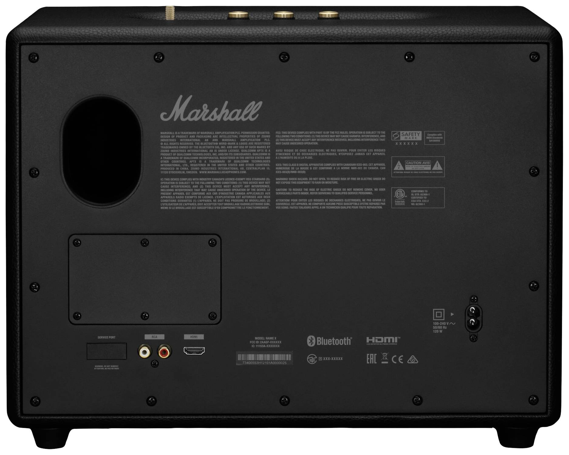 Rückansicht eines schwarzen Marshall-Lautsprechers mit Anschlussbuchsen und Markenlogo.
