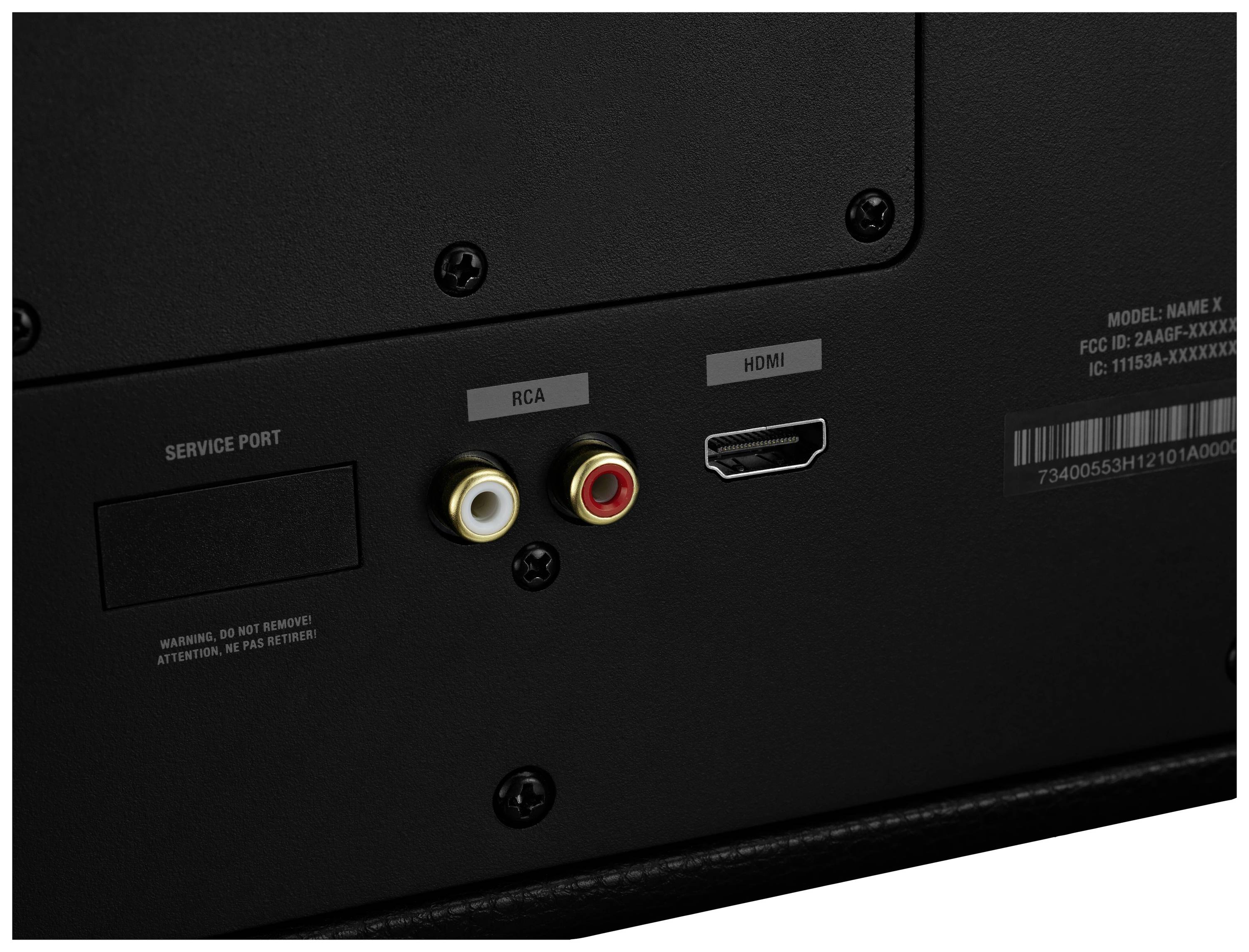 Anschlüsse auf der Rückseite eines Geräts: Serviceport, zwei RCA (rot/weiß) und HDMI.