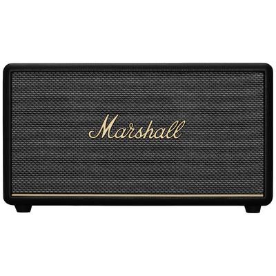 Schwarzer Marshall-Lautsprecher mit goldenem Logo in der Mitte. Rechteckiges Design mit Textilabdeckung auf der Vorderseite.
