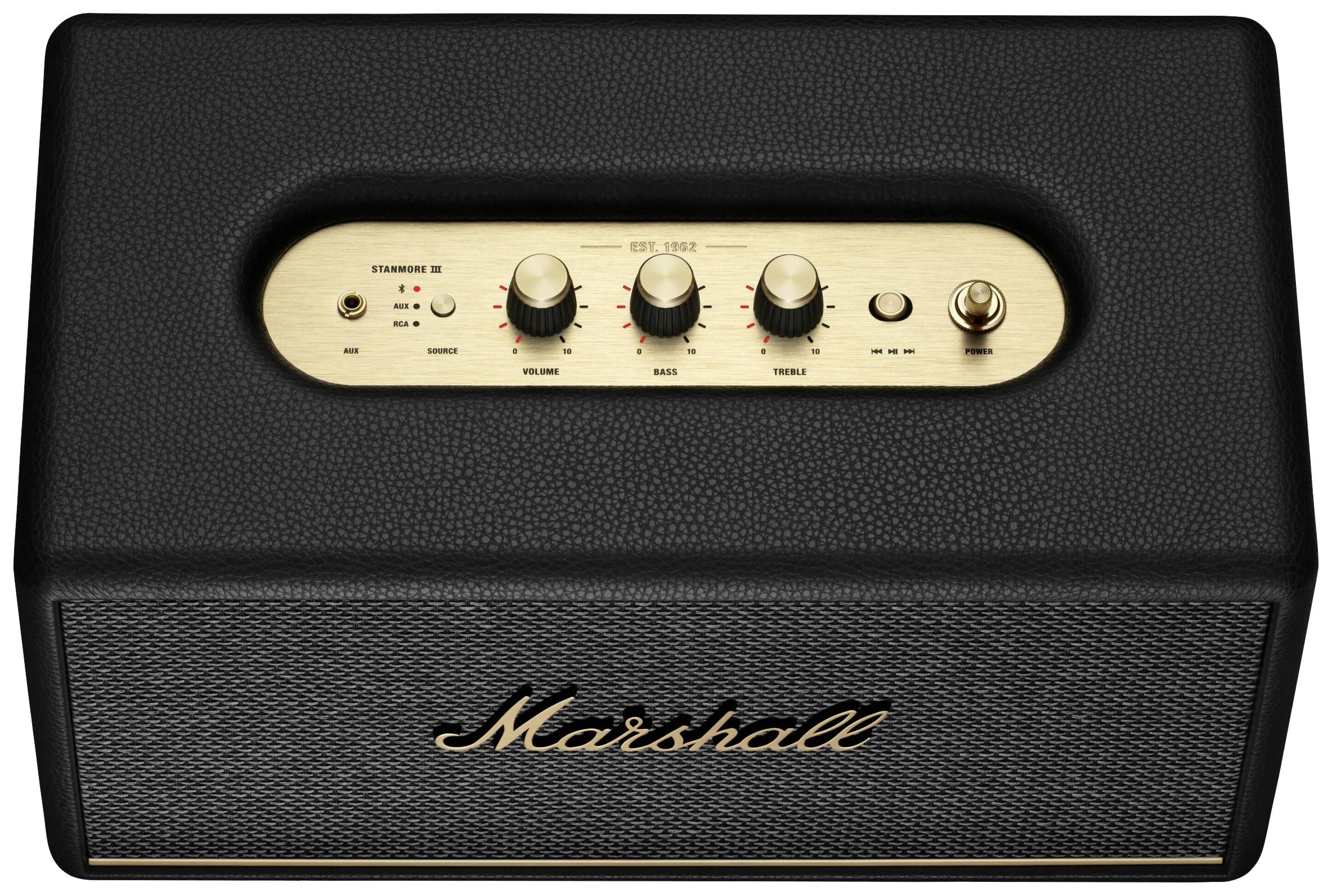Schwarzer Lautsprecher mit goldenen Bedienelementen oben: Lautstärke, Bass und Höhenregler. Markenschriftzug 'Marshall' auf der Vorderseite.