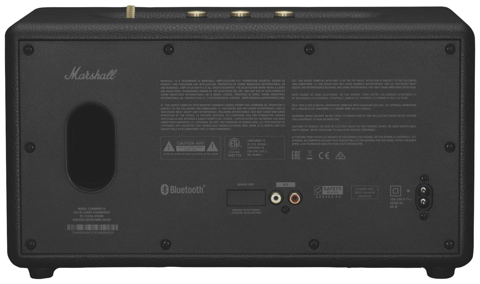 Die Rückseite eines Marshall-Lautsprechers zeigt Anschlüsse, Bluetooth-Logo und technische Informationen. Der Lautsprecher hat eine schwarze Oberfläche.