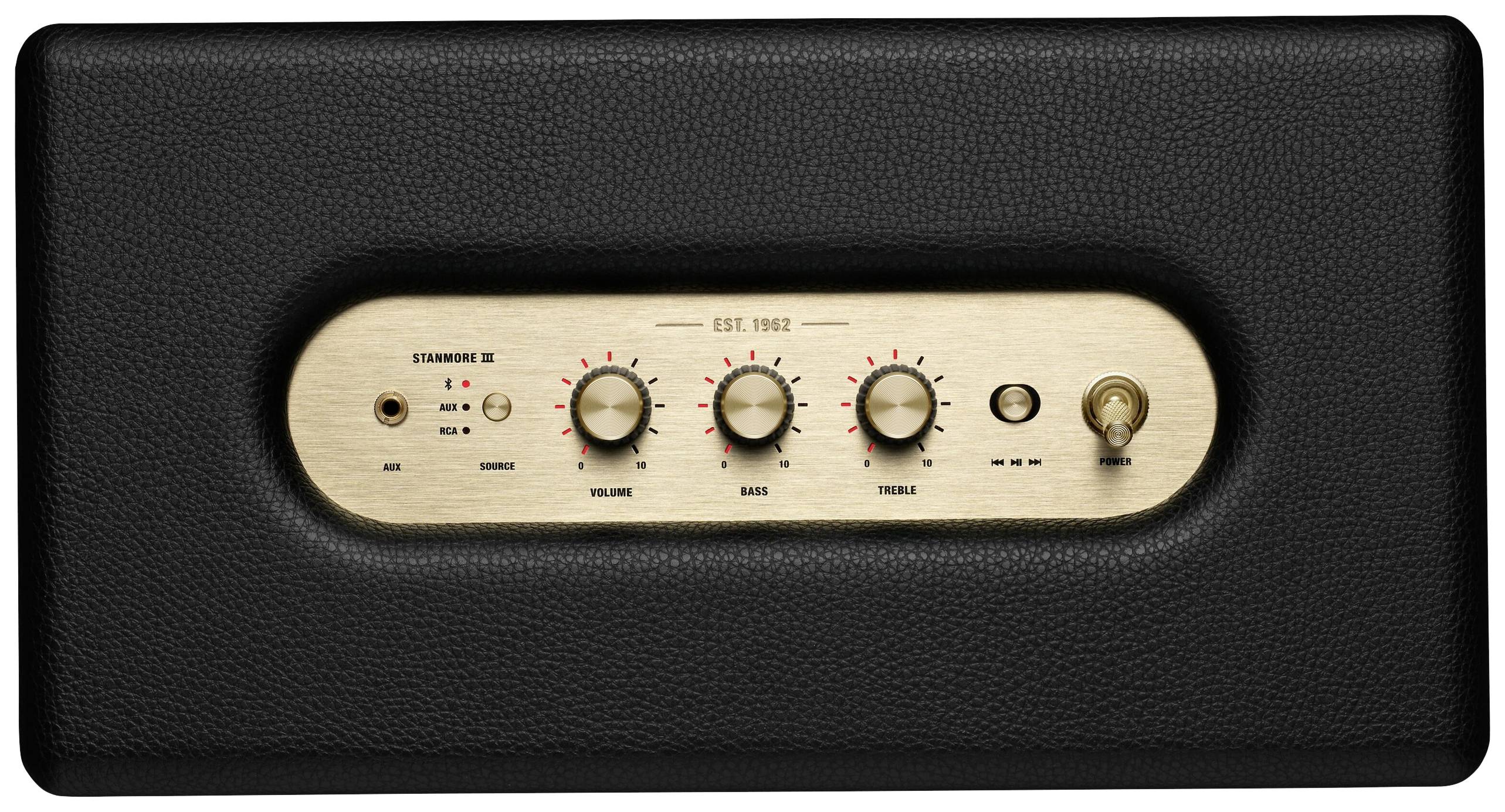 Schwarzer Lautsprecher mit goldener Bedienleiste, enthält Drehknöpfe für Lautstärke, Bass und Höhen. Schalter für Ein/Aus links.